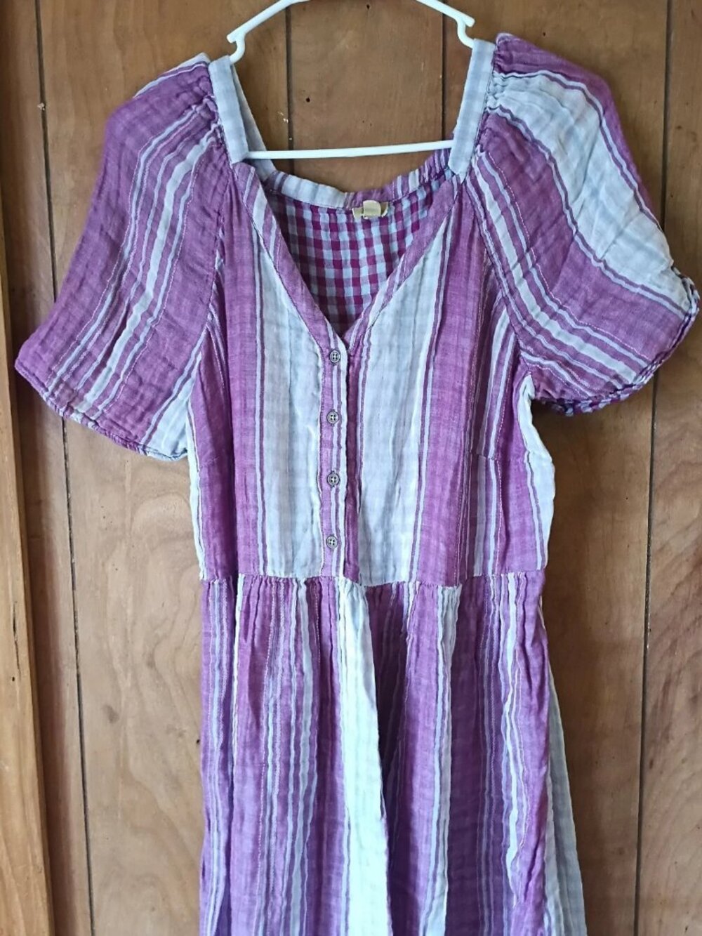 True Craft Women's 0X Purple White Striped Cotton Gauze Half Button Midi Dress